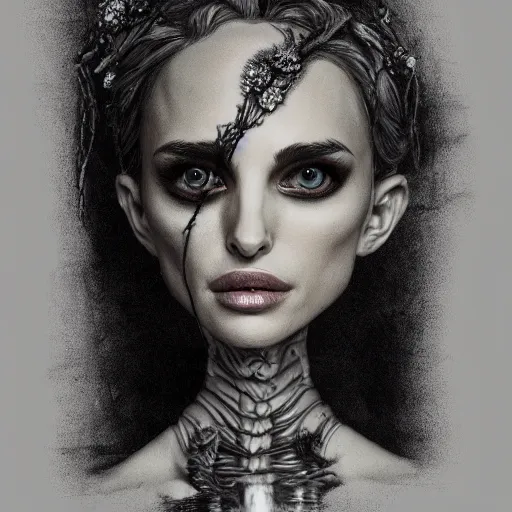 Prompt: michael karcz grunge drawing of natalie portman. , in the style of corpse bride, loony toons style, horror themed, detailed, elegant, intricate, trending on artstation, 4k