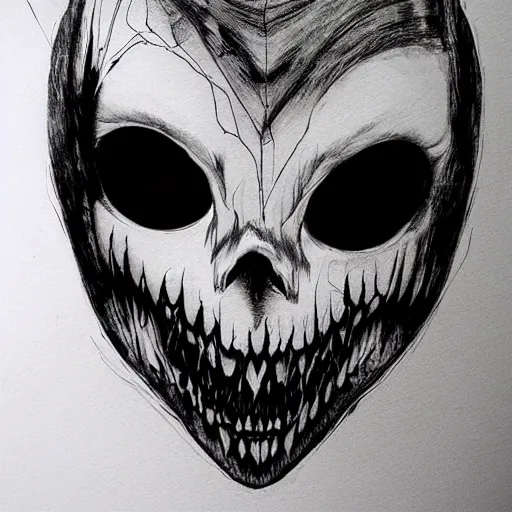 Prompt: an ink drawing of cracked white mask, scary smile, deviant art, artgerm