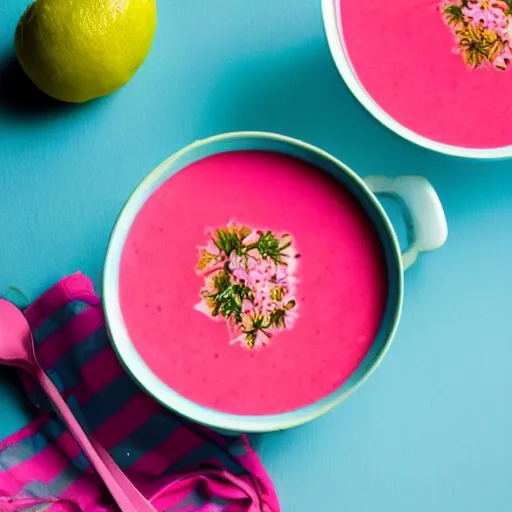 Prompt: photo of a cyan and pink soup