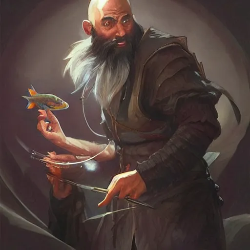 Image similar to wow! fanart young black bearded and bald man with a fish in his hand, d & d, high fantasy, detailed, digital art, artstation, smooth, sharp focus, art by artgerm, greg rutkowski, alphonse mucha