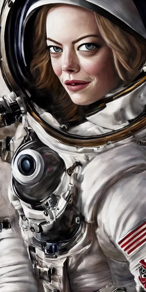 Image similar to Portrait of Emma Stone in a space suit. Highly detailed, photorealistic