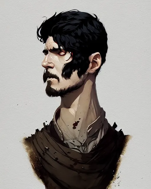 Image similar to portrait of raven male lord from game of thrones with dark hair and golden eyes, by atey ghailan, by greg rutkowski, by greg tocchini, by james gilleard, by joe fenton, by kaethe butcher, dynamic lighting, gradient light blue, brown, blonde cream and white color scheme, grunge aesthetic