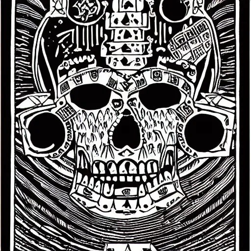 Image similar to precisely drawn illustration of a Mayan ziggurat decorated with skulls, old-fashioned tarot card, victorian playing card, sepia tone, wide angle, sharp, fine details, anime, manga, French comic style, cyberpunk, intense line art, 8k, precise linework, realistic, shaded lighting by katsuhiro otomo ghost-in-the-shell, magali villeneuve, artgerm, rutkowski Jeremy Lipkin and Giuseppe Dangelico Pino and Michael Garmash and Rob Rey and Moebius