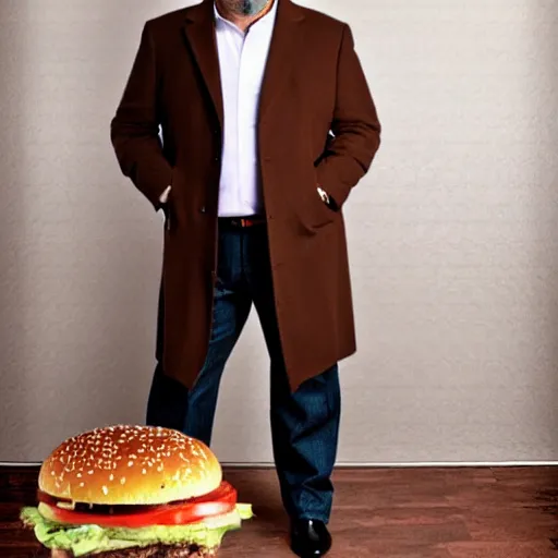 Image similar to full length shot : : clean - shaven smiling white chubby italian american man in his 4 0 s wearing a long brown overcoat and necktie and black shoes shoes shoes holding a burger burger burger, 2 0 0 6 advertising promo shot