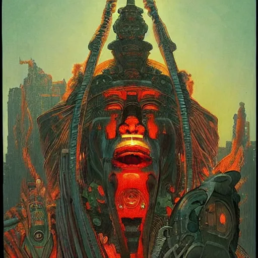 Image similar to giant mayan joe biden!!!!!!!!!!!!!!!!!!!!!!!! with flaming eyes standing over city, perfectly clear face, by j. c. leyendecker and beksinski