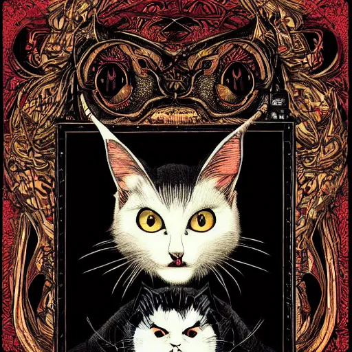 Image similar to vampire cat, inside a frame on a tiled wall, frontal picture, by yoichi hatakenaka, masamune shirow, josan gonzales and dan mumford, ayami kojima, takato yamamoto, karol bak