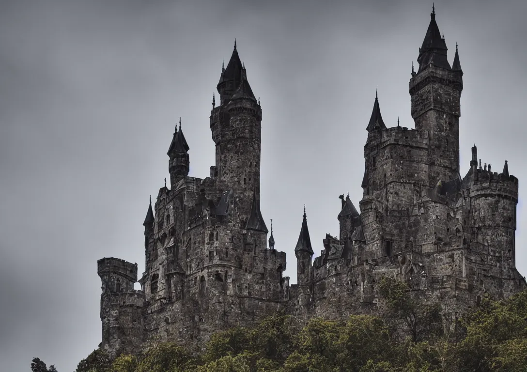 Prompt: Giant Gothic style castle, raining, overcast, medieval, eyes barely visible in the sky