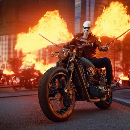 Image similar to ghost rider without bike stands on the street in a crowd of people, nervous face, 4 k, detailed, highly detailed, cinematic, octane render, front light