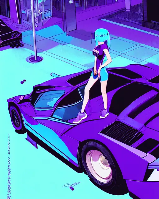 Image similar to digital illustration of cyberpunk pretty girl with blue hair, standing in front of a purple lamborghini, in city street at night, by makoto shinkai, ilya kuvshinov, lois van baarle, rossdraws, basquiat