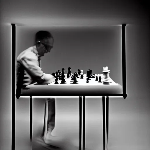 Image similar to filmstill of Marcel Duchamp playing chess against a futuristic machine, long exposure, minimal composition, packshot, archival pigment print