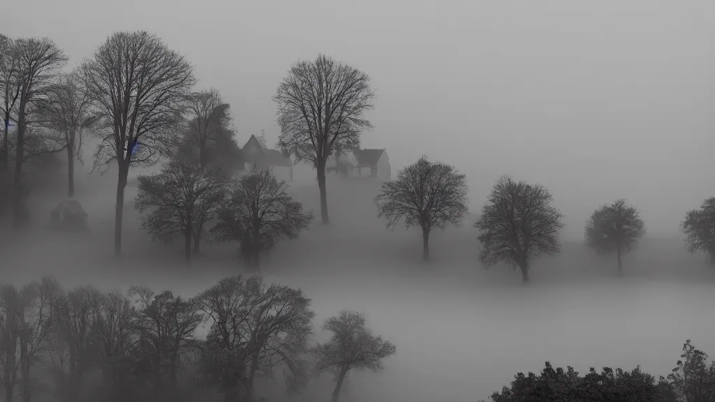 Prompt: village with beautiful houses in the fog on the lake, fog, volumetric lighting, mystique, atmospheric, conept art, sharp focus, ultra detailed, noir arthouse, 4 k, cinematic, 3 5 mm