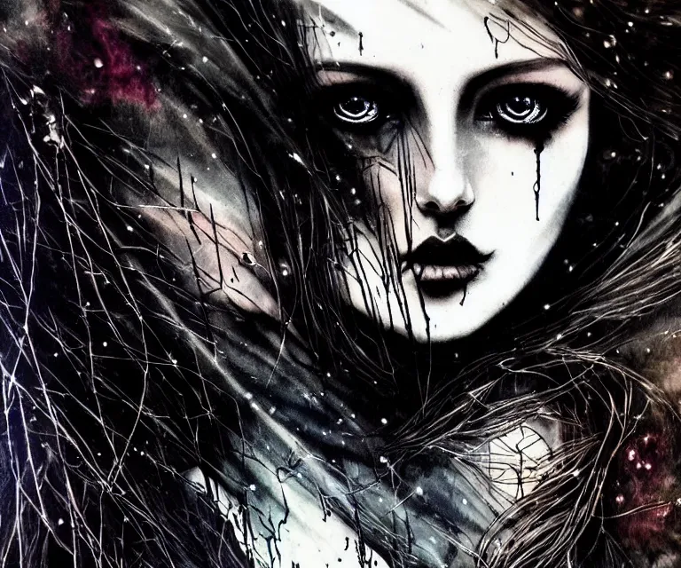 Image similar to stunning otherworldly gothic goddess of beauty, dark and mysterious, atmospheric, ominous, eerie, cinematic, epic, 8 k, 4 k, ultra detail, ultra realistic, rendered by awesomeness. nights falling wind is blowwing snow is pilling concept art in style of carne griffiths artwork by xsullo