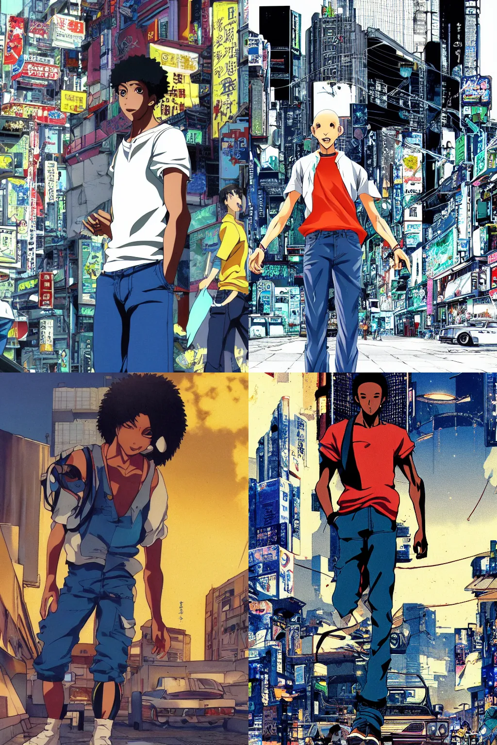 Prompt: official anime illustration, yoji shinakawa, studio gainax, bald male african-american teen stands in a cyberpunk city, white tank-top, blue jeans, badass