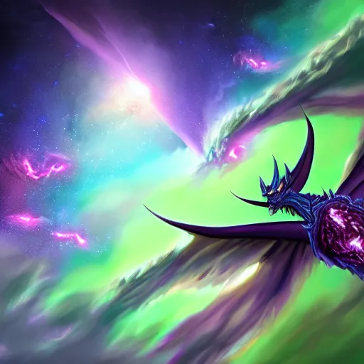 Prompt: a fantasy purple star galaxy dragon flying through nebulous space, artstation, digital art, 4k, hyper realism, high detail, concept art, fantasy