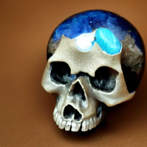 Prompt: a skull made of fine gemstone, inside the skull is planet earth