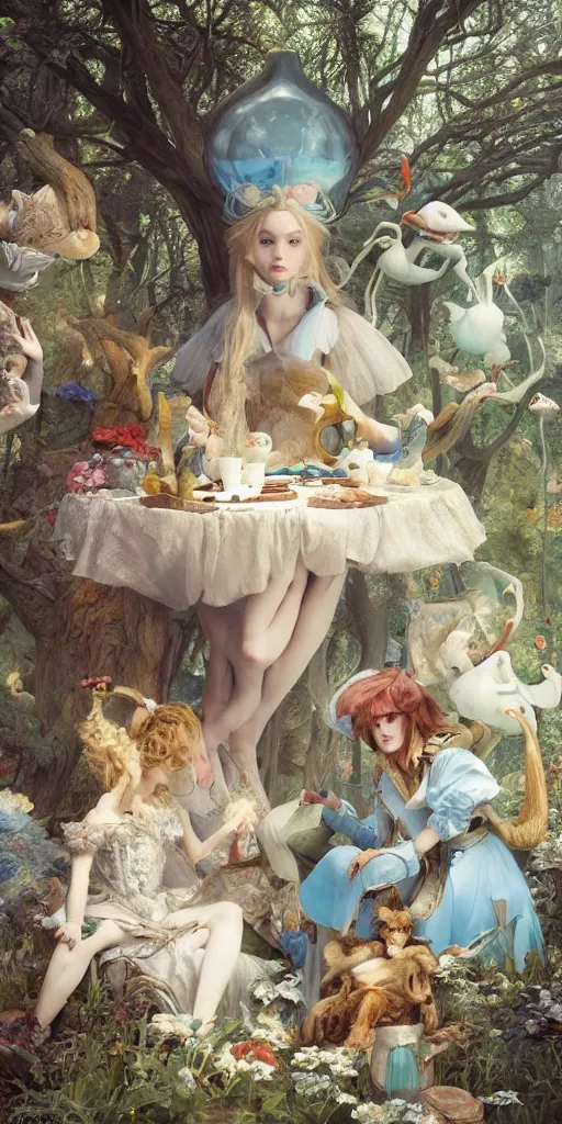 Image similar to Alice in wonderland, masterpiece by Edgar Maxence and Ross Tran and Michael Whelan, gustav dore, 8k, octane render