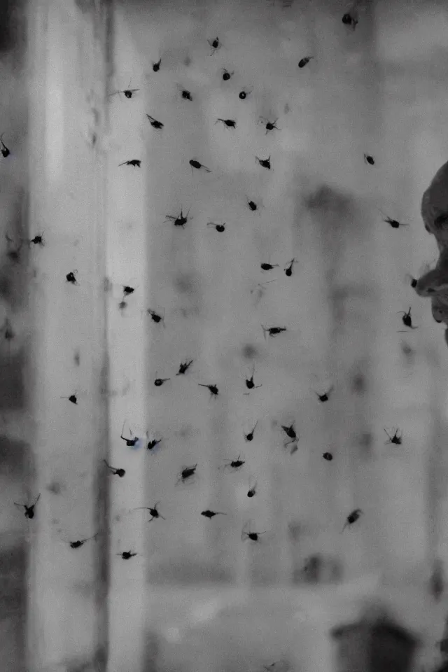 Image similar to insane priest staring at flies on a window, film still from a horror movie, 4k