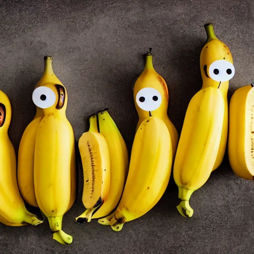 Image similar to professional photograph of banana ducks, peeled bananas with googly eyes and duck beaks