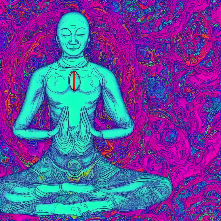 Prompt: human smiling meditating supreme peace immense knowledge infinite color dmt art cyan green detachment from material