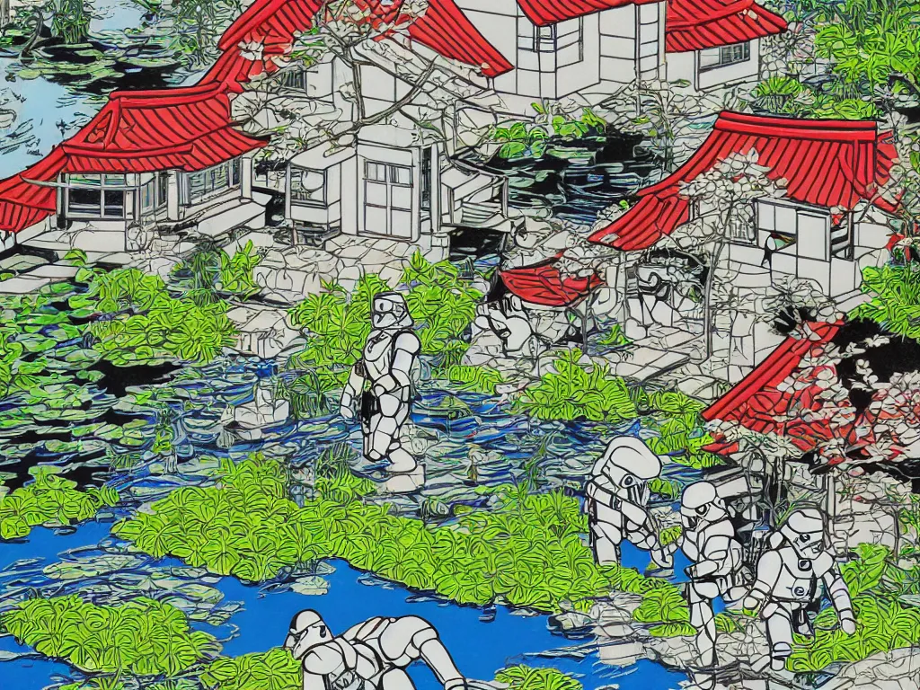 Image similar to detailed close - up image of the japanese home with a garden and a pond, 2 stormtroopers sitting around it, pop - art style, jacky tsai style, andy warhol style, roy lichtenstein style, rich palette, acrylic on canvas