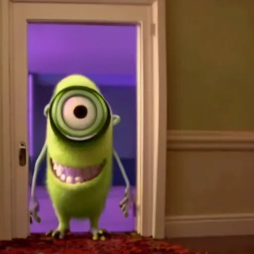 Prompt: still of mike wazowski on the broken door in the shining movie