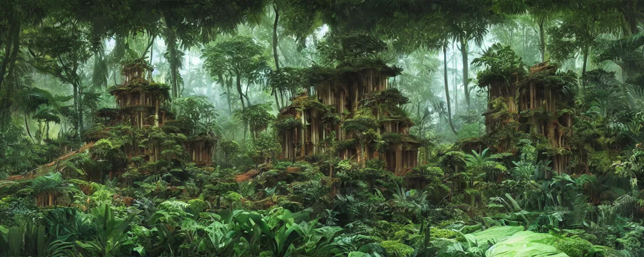 Image similar to a mystic temple in an overgrown rainforest, by roger dean, by syd mead, detailed, meticulous, realistic shadows, rendered in lumion, matte painting