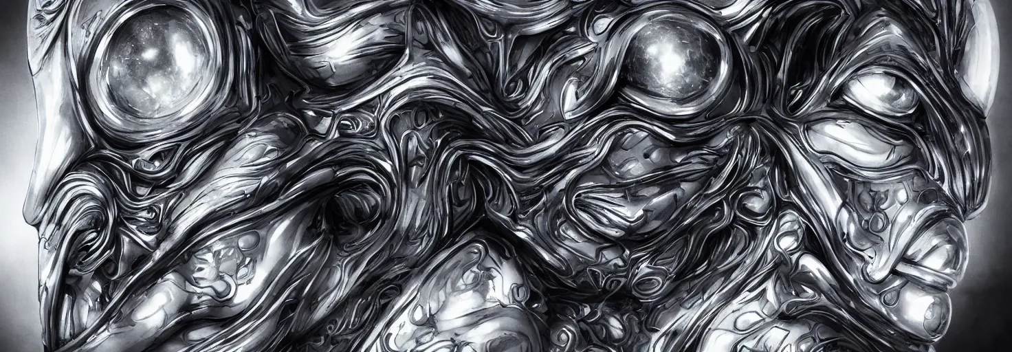 Image similar to engineer alien face by Artgerm, alien, highly detailed, symmetrical long head, smooth marble surfaces, detailed ink illustration, raiden metal gear, cinematic smooth stone, deep aesthetic, concept art, post process, 4k, carved marble texture and silk cloth, latex skin, highly ornate intricate details, moody lighting, hr geiger, hayao miyazaki, by Artgerm