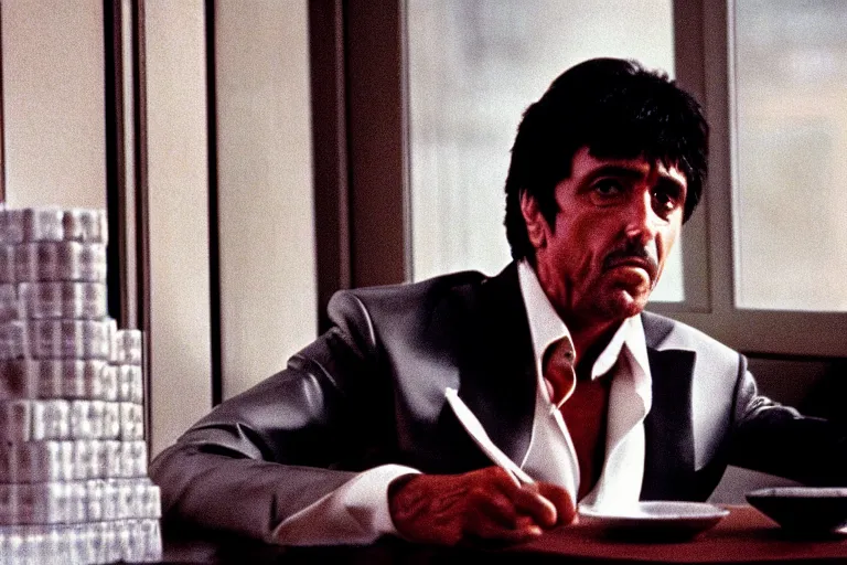 Image similar to tony montana from movie scarface 1 9 8 3 sitting at a big black oak table with big packages of flour. next to the night window. ( al pacino ). perfect symmetric face, coherent eyes,, fine details, 4 k, ron cobb, cinestill