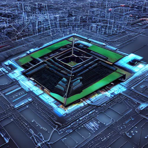 Prompt: an aerial photograph of the pentagon, cyber punk style, digital art