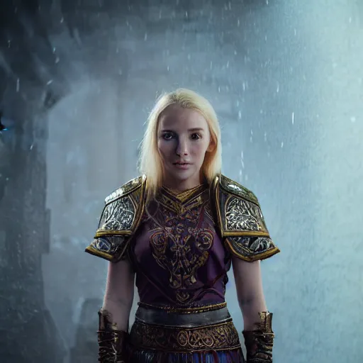 Image similar to the elder scrolls vi, charismatic regal blonde high elf female jarl, portrait, throne room, atmospheric lighting, painted, intricate, volumetric lighting, beautiful, daytime, sunny weather, slight overcast, sharp focus, deep colours, ultra detailed, by leesha hannigan, ross tran, thierry doizon, kai carpenter, ignacio fernandez rios