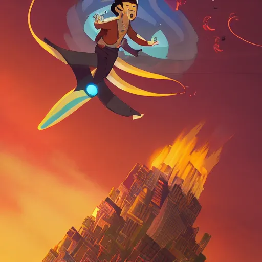 Prompt: a City on fire, money flying through the skies, professional cartoon illustration, trending on artstation, illustrated by Michael Dante DiMartino and Bryan Konietzko, with Aaron Ehas