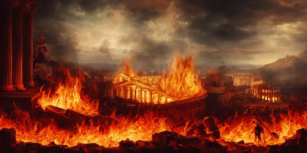 Image similar to Painting of Emperor Nero watching the great fire of rome, abstract, realism, 8k, detailed, terror, octane render, 3d render, complex emotion, glow