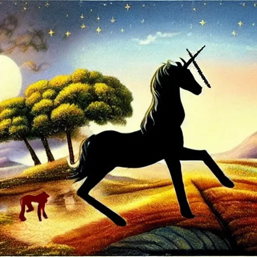 Image similar to dream : a fabulous landscape, a magical unicorn. a boy is sitting astride him. a cat is lying