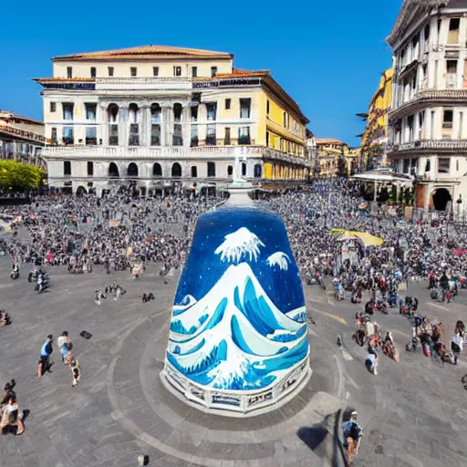 Image similar to A white and blue marble sculpture of The Great Wave off Kanagawa in the middle of an Italian piazza without people, midday, 4k photograph, sunny day, long shot, overhead view, far away