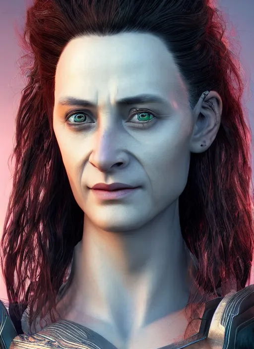 Image similar to female loki, au naturel, hyper detailed, digital art, trending in artstation, cinematic lighting, studio quality, smooth render, unreal engine 5 rendered, octane rendered