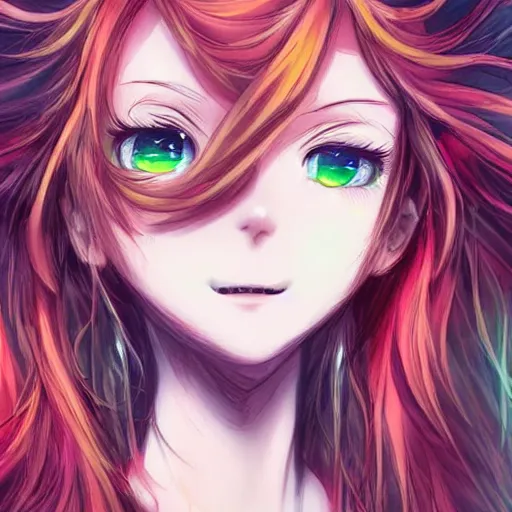 Prompt: anime infp girl with red hair and green eyes, with a bright smile, dreamy, very atmospheric, intricate, hyper detailed digital art