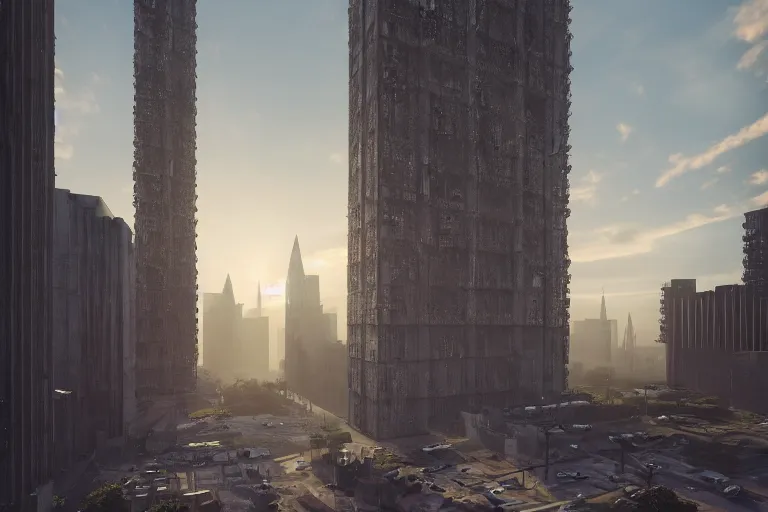 Image similar to streetscape, a towering cathedral of brutalist architecture, buildings covered with greebles, stunning volumetric light, sunset, metal, concrete and translucent material, stunning skies, majestic landscape, trending on Artstation, 8k, photorealistic, hyper detailed, unreal engine 5, IMAX quality, cinematic, epic lighting, in the style of Greg Rutkowski