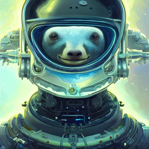 Prompt: detailed science - fiction character portrait of a sloth in space robot suit, intricate, wild, highly detailed, digital painting, artstation, concept art, smooth, sharp focus, illustration, art by artgerm and greg rutkowski and alphonse mucha