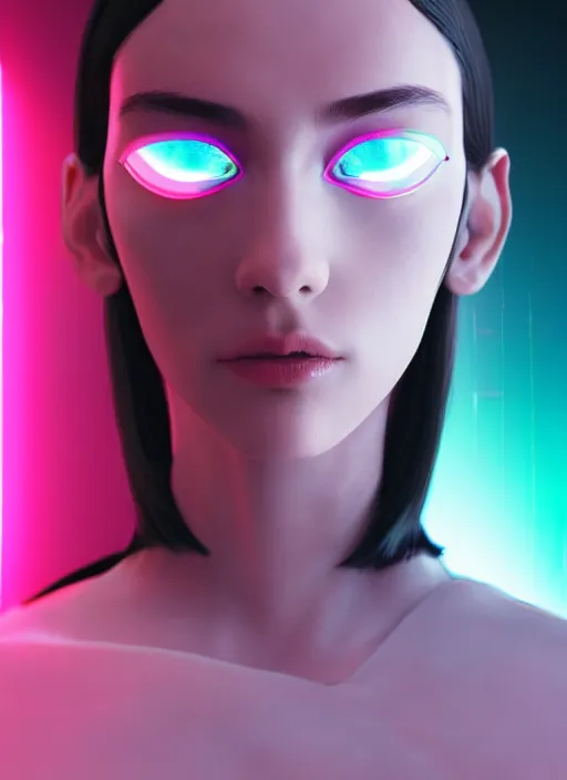 Image similar to white one cast futuristic biomechanic future human, beautiful face, female, futuristic, neon lights, cyberpunk, 8 k, digital painting, by beeple and makoto shinkai, trending on cg society, glamour pose, fashion photography, high fashion, canon r 3, photorealistic, hyper realisitic, 3 / 4 shot, full body, wide angle shot