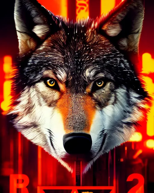 Prompt: still of a poster with a close up photo of a real wolf wearing aviator sunglasses, black background, in the movie Blade Runner 2049, HD, neon lit, highly detailed, no text