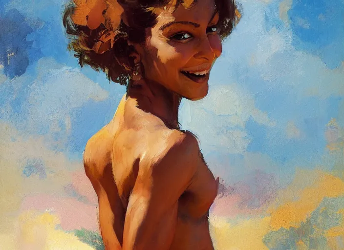 Prompt: a highly detailed beautiful portrait of a female short brown haired brown skinned genie, with abs, smiling, by gregory manchess, james gurney, james jean