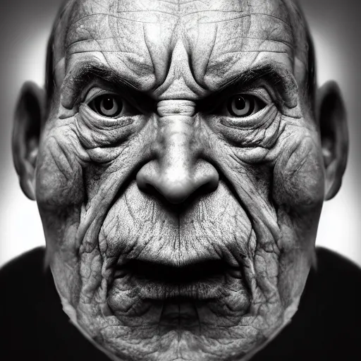 Prompt: a webspace telescope image photograph of evil, satan, the creator of evil, eyes wide, sunken face, deep wrinkles!, frown!, light behind, cinematic lighting, face shown, with intense chiaroscuro lighting perfect composition, scary, award winning photograph, the original conscious, mean look, a cold face, terrifying, hate, cold