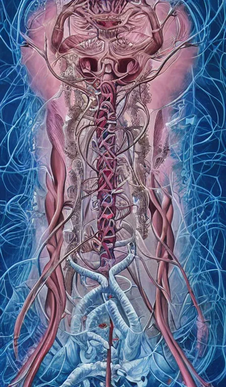 Image similar to a biomorphic painting of the hierophant tarot card! a anatomical medical illustration by nychos and alex grey, cgsociety, neo - figurative, pastel blues and pinks, detailed painting, rococo, oil on canvas, lovecraftian