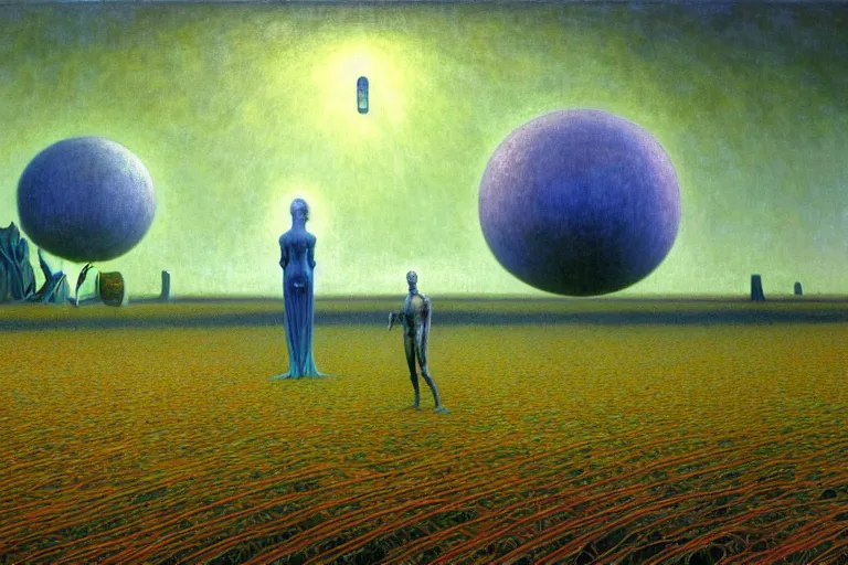 Image similar to realistic extremely detailed portrait painting of a ghost farmer, single house in a plain field and single ufo in the background, futuristic sci-fi forest by Jean Delville, Amano, Yves Tanguy, Alphonse Mucha, Ernst Haeckel, Edward Robert Hughes, Roger Dean, rich moody colours, 4k octane render, blue eyes