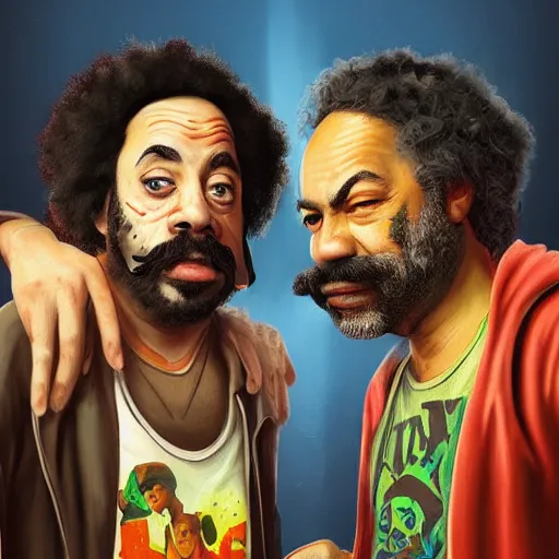 Prompt: portrait of cheech and chong, concept art, artstation, highly detailed, smoke background,