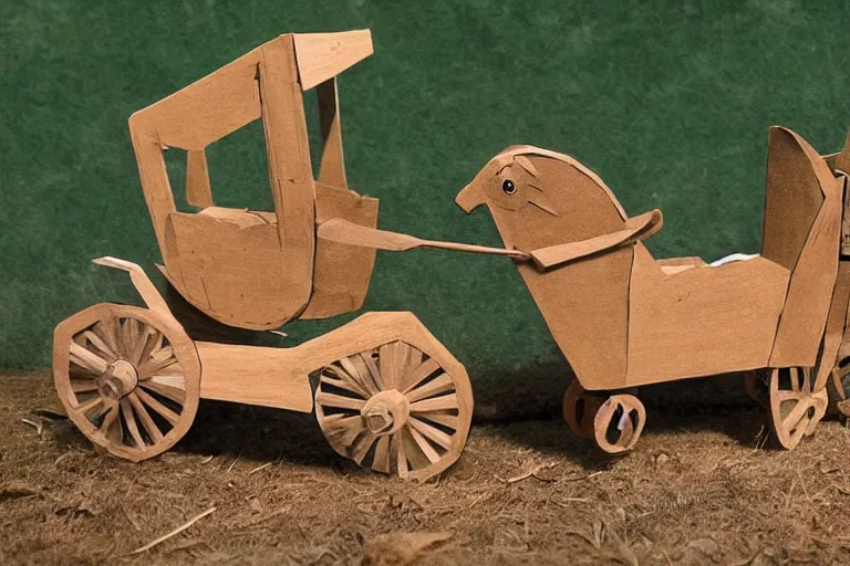 Prompt: a wooden toy horse pulling a wooden carriage, a storybook illustration by betye saar, pinterest contest winner, ecological art, made of cardboard, made of trash, ray tracing