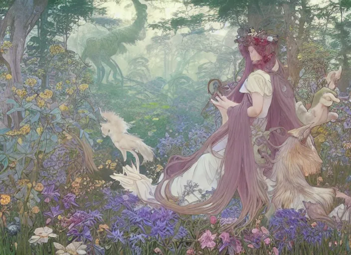 Image similar to desktop background, beautiful fantasy forest, magical creatures, path traced, highly detailed, high quality, digital painting, by studio ghibli and alphonse mucha, leesha hannigan, hidari, art nouveau, chiho aoshima, jules bastien - lepage