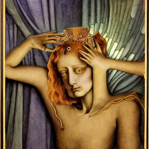 Image similar to weeping robot wearing the bone crown, by Annie Swynnerton and Diego Rivera and Evelyn De Morgan, symbolist, dramatic lighting, elaborate geometric ornament, Jugendstil ,god rays, soft cool colors,smooth, sharp focus, extremely detailed, Adolf Wölfli