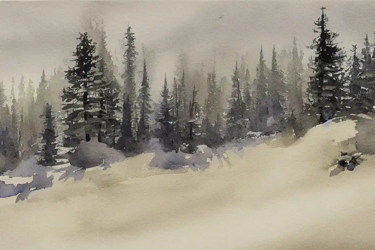 Image similar to small centered on watercolor paper, paint brush strokes, abstract watercolor painting of ragnarok at nightfall, american wild west, winter, pine trees, viking mythology, cinematic light, american romanticism by hans dahl, by jesper ejsing, by anders zorn, by greg rutkowski, by greg manchess, by tyler edlin