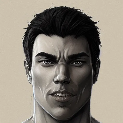 Prompt: one man face, by artgerm, by greg rutkowski, by noah bradley, illustration on a grey flat background